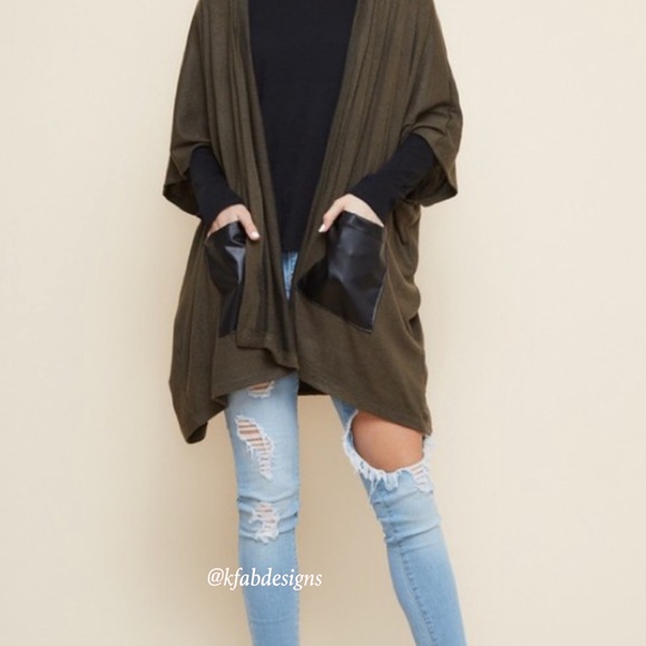 LAST 1! Olive Hooded Poncho Cardigan w/Faux Leather Pockets! - Picture 6 of 6
